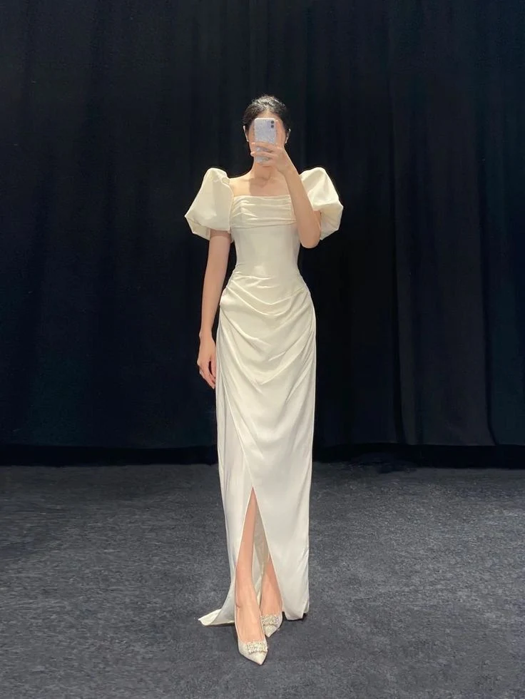 Vintage Wedding Dress Sheath Square Neck Short Sleeves White Summer Beach Long Wedding Dresses Bridal Gowns W0720 - Deanwangkt