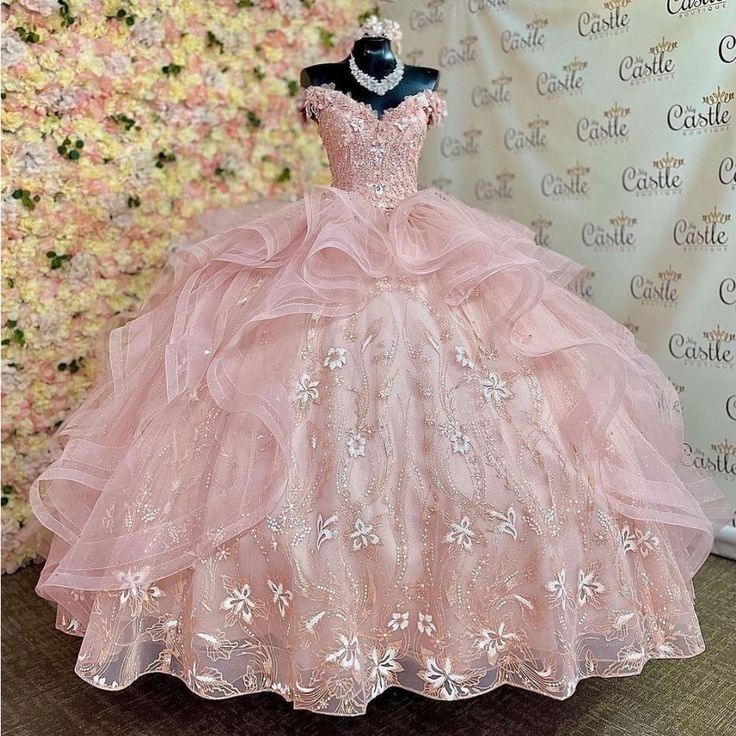 Pretty Ball Gown Off The Shoulder Pink Tulle Long Quinceanera Dress Formal Gowns Vestido De 15 Anos Sweet 16 Dress W0328 - Deanwangkt