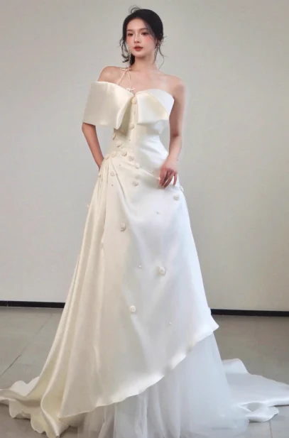 Simple Sheath Long Wedding Dresses Satin Flower White Bridal Gowns Sleeveless Bridal Dresses DP3793 - Deanwangkt