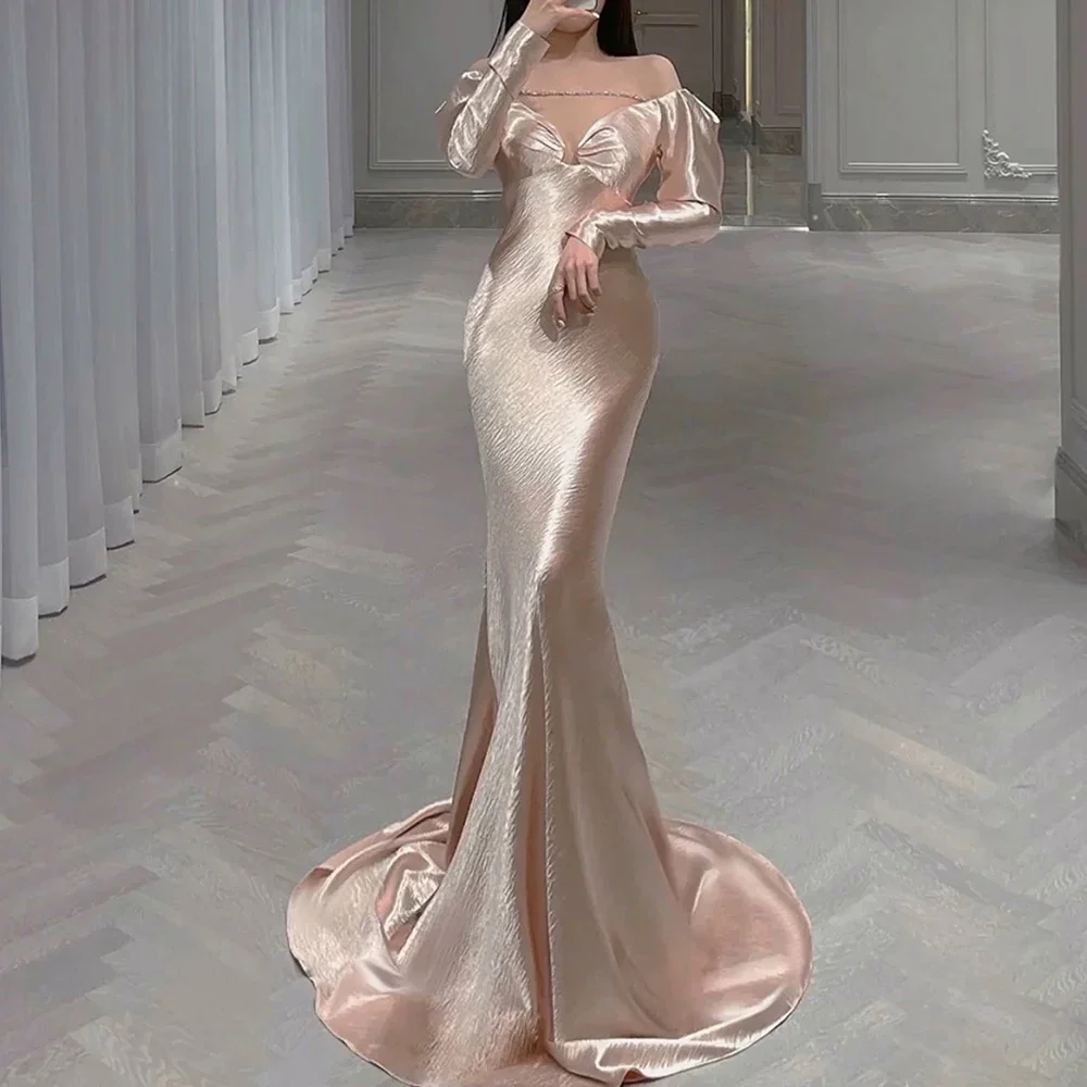 Classy Mermaid Off The Shoulder Satin Pink Long Sleeves Evening Dress Long Pink Prom Dresses H2903 - Deanwangkt