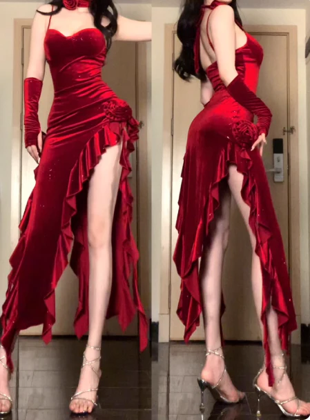 Sexy Spaghetti Strap Velvet Tight Evening Dresses Burgundy Formal Dresses Ruffle New Year's Evening Dresses with Slits DP3205 - Deanwangkt