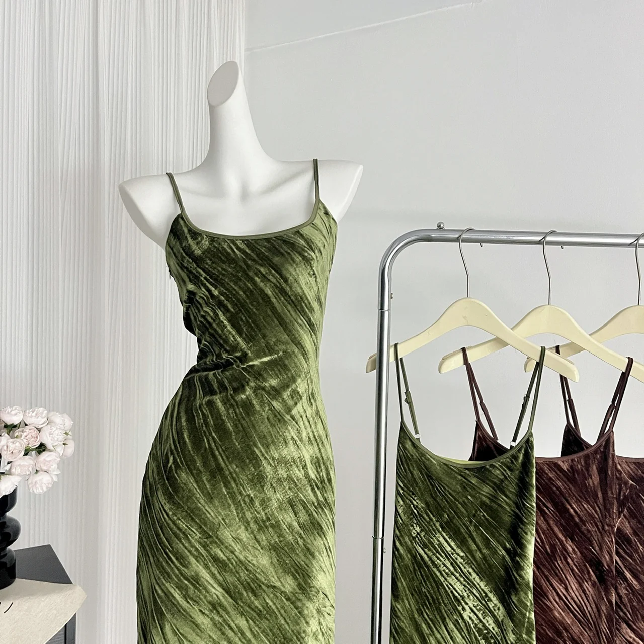 Sexy Mermaid Spaghetti Straps Velvet Green Summer Dress Holiday Party Outfits For Women DP0093 - Deanwangkt