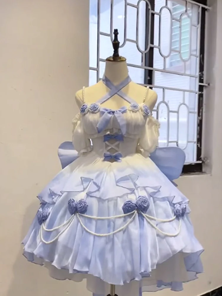 Vintage Ball Gown Spaghetti Straps Short Chiffon Summer 18th Birthday Dress High Low Ombre Blue Pearls Lolita Dress Birthday Outfits W1231 - Deanwangkt