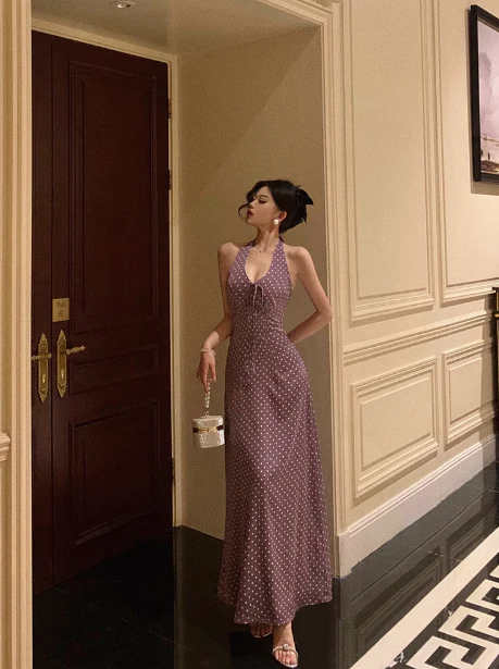 Pretty A line Halter Grape Polka Dots 21st Birthday Dress Party Outfits Birthday Outfits For Women DP0191 - Deanwangkt