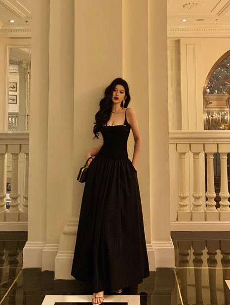 Elegant A line Spaghetti Straps Black Sleeveless 21st Birthday Dress Party Gown Birthday Outfits Birthday Dress Ideas For Women DP543 - Deanwangkt