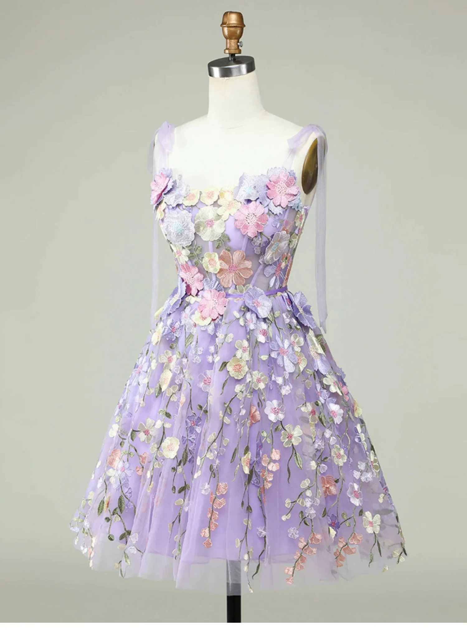 Cute A Line Spaghetti Straps Lilac Tulle Lace Formal Homecoming Dresses 18th Birthday Outfits Graduation Dress Short Mini Hoco Dresses DH2538 - Deanwangkt