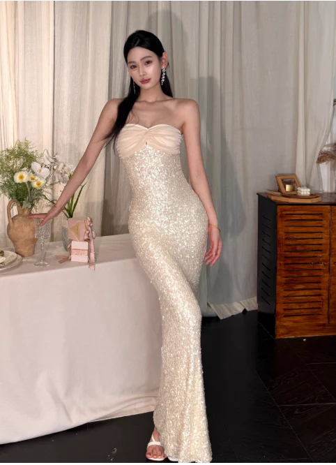 Sexy Strapless Sheath Long Prom Dresses, Light Champagne Formal Evening Dresses DP3131 - Deanwangkt