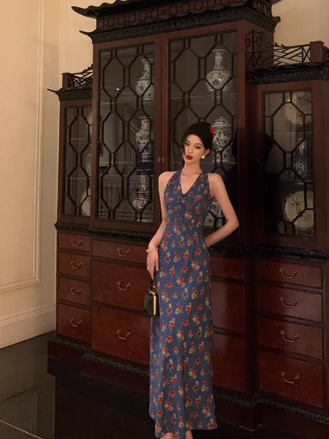 Classy Mermaid V Neckline Blue Floral 18th Birthday Dress Party Gown 21st Birthday Outfits Birthday Dress Ideas For Women DP569 - Deanwangkt