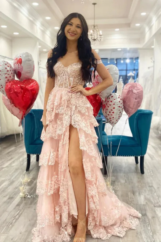 Pretty Off the Shoulder High Slit Pink Lace Long Prom Dress with Train, Off the Shoulder Pink Formal Dress Graduation Dress DP489 - Deanwangkt