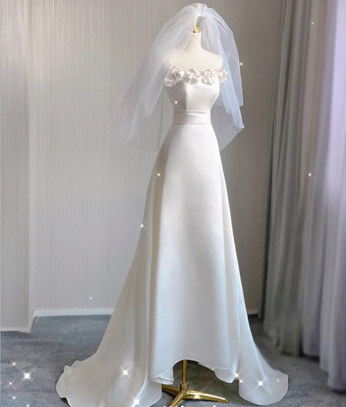 Unique A line Strapless Long White Wedding Dresses Summer Brides Dress DP408 - Deanwangkt