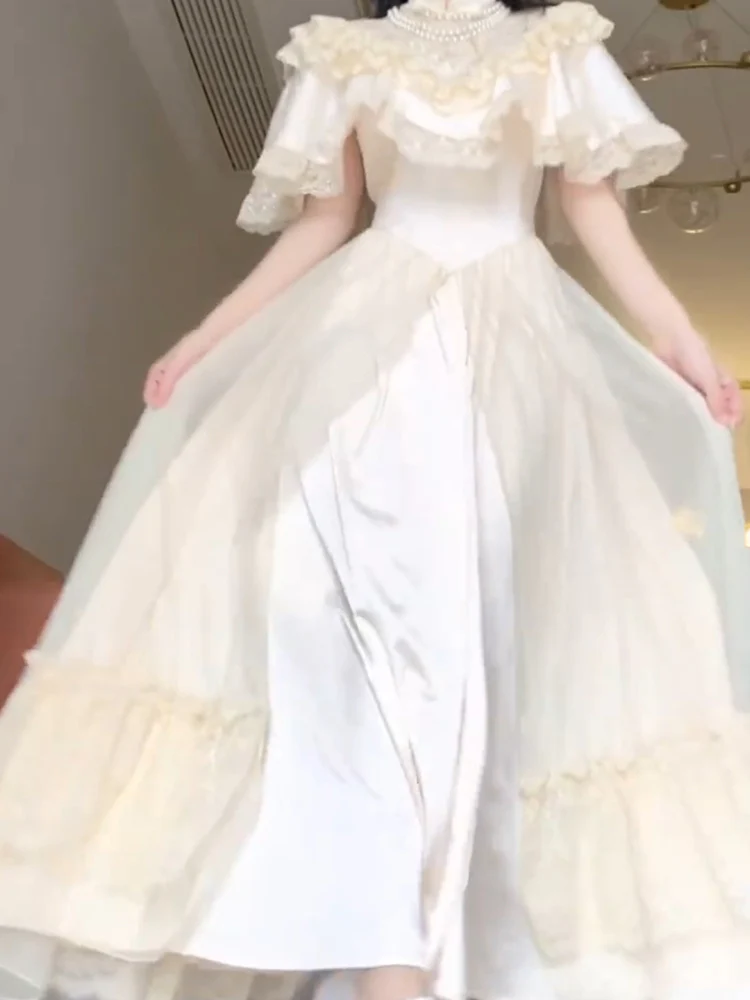 Elegant A line High Neckline Short Sleeves 16th Birthday Dress Lolita Dress White Birthday Outfits DP0214 - Deanwangkt