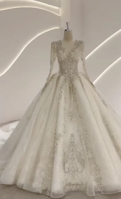 White A-Line Luxury Wedding Dresses, Tulle Beaded V-Neck Bridal Gowns Long Sleeve Applique Bridal Dresses DP3246 - Deanwangkt