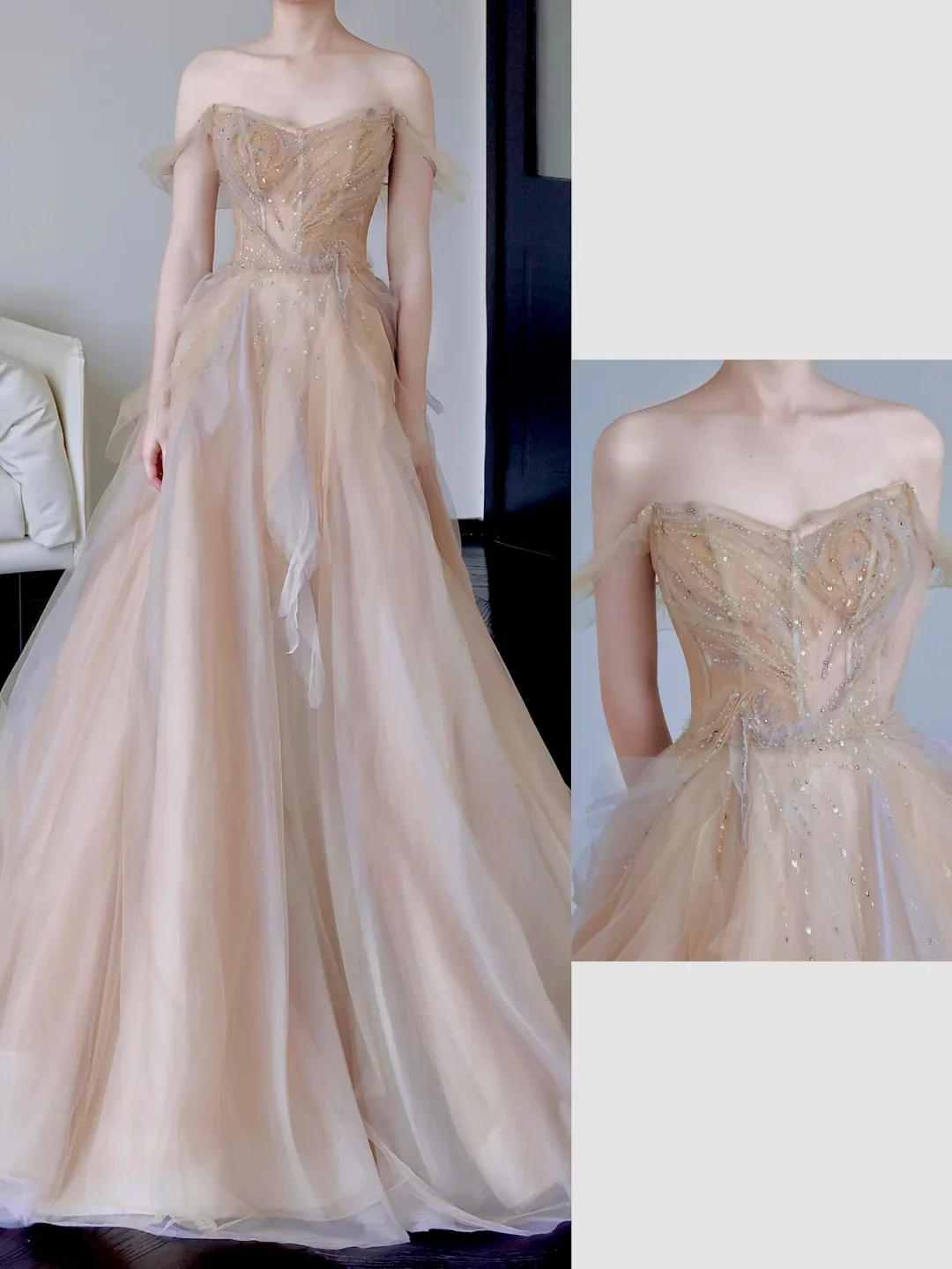 Gorgeous Ball Gown Off The Shoulder Champagne Tulle Long Prom Dresses Graduation Dresses DP664 - Deanwangkt