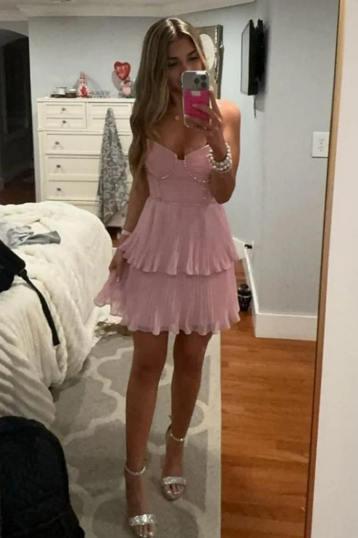 Vintage A line Spaghetti Straps Light Pink Short Chiffon Formal Homecoming Dresses Party Graduation Dress Hoco Dresses DH2718 - Deanwangkt