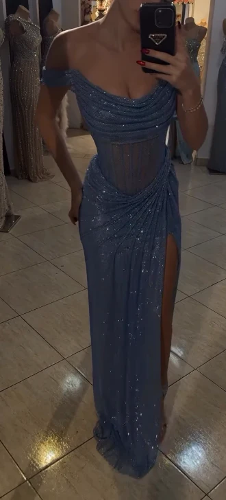 Sparkly Mermaid Off The Shoulder Blue Sequin Long Slit Evening Party Gowns Evening Dress Special Formal Dresses Prom Dress DH2318 - Deanwangkt