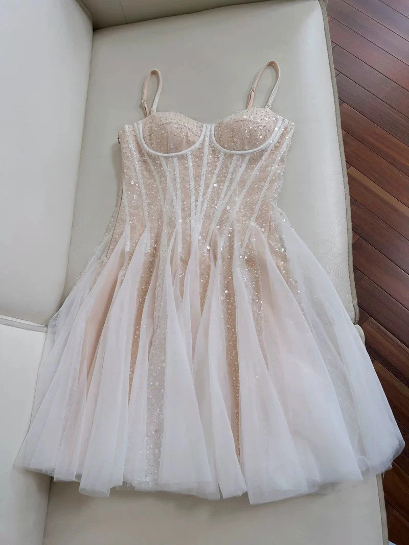 Cute A line Spaghetti Straps Champagne Formal Short 8th Grade Homecoming Dress Summer Middle School Hoco Dresses Birthday Outfits W973 - Deanwangkt