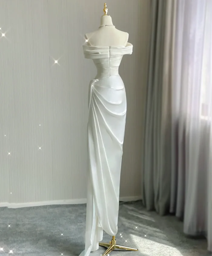 Simple Sheath Off The Shoulder Satin White Wedding Dresses Summer Brides Dress DP424 - Deanwangkt