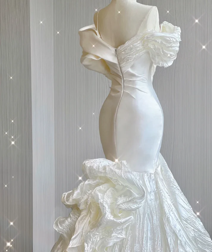 Timeless Mermaid Off The Shoulder White Short Sleeves Wedding Dresses Brides Dress DP439 - Deanwangkt