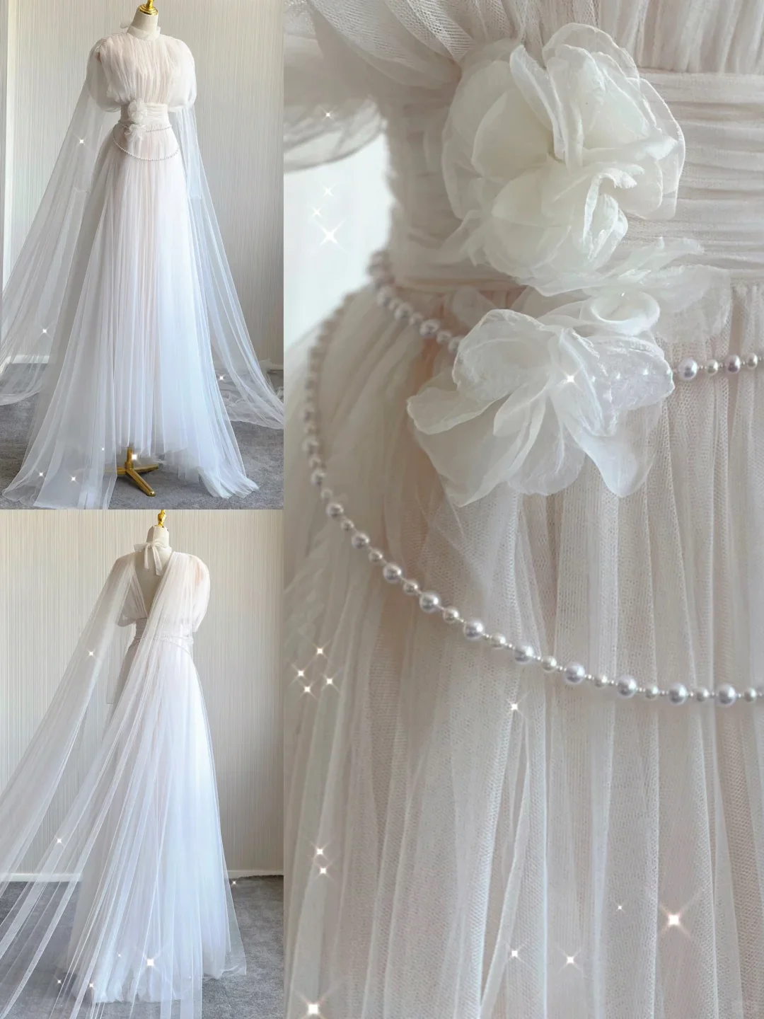 Unique A Line High Neckline Tulle Long Wedding Dresses White Brides Dress DP443 - Deanwangkt