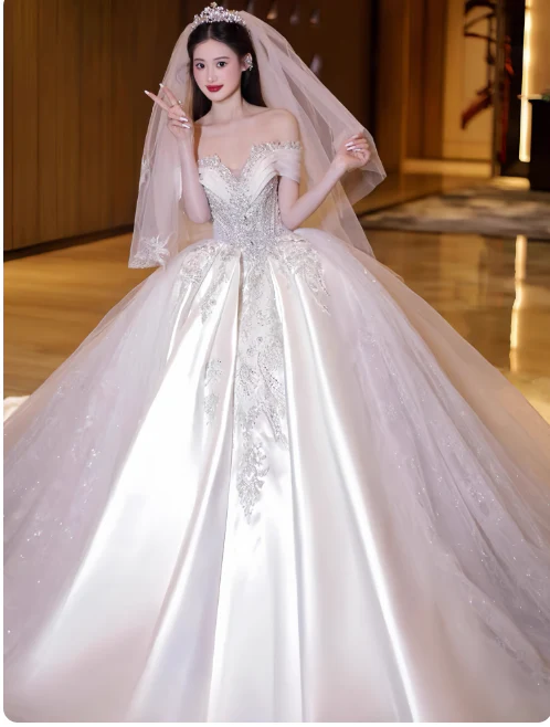 Luxury Off-the-shoulder Ball Gown Long Wedding Dresses Satin Applique Short Sleeve Bridal Dresses White Bridal Gowns DP3849 - Deanwangkt