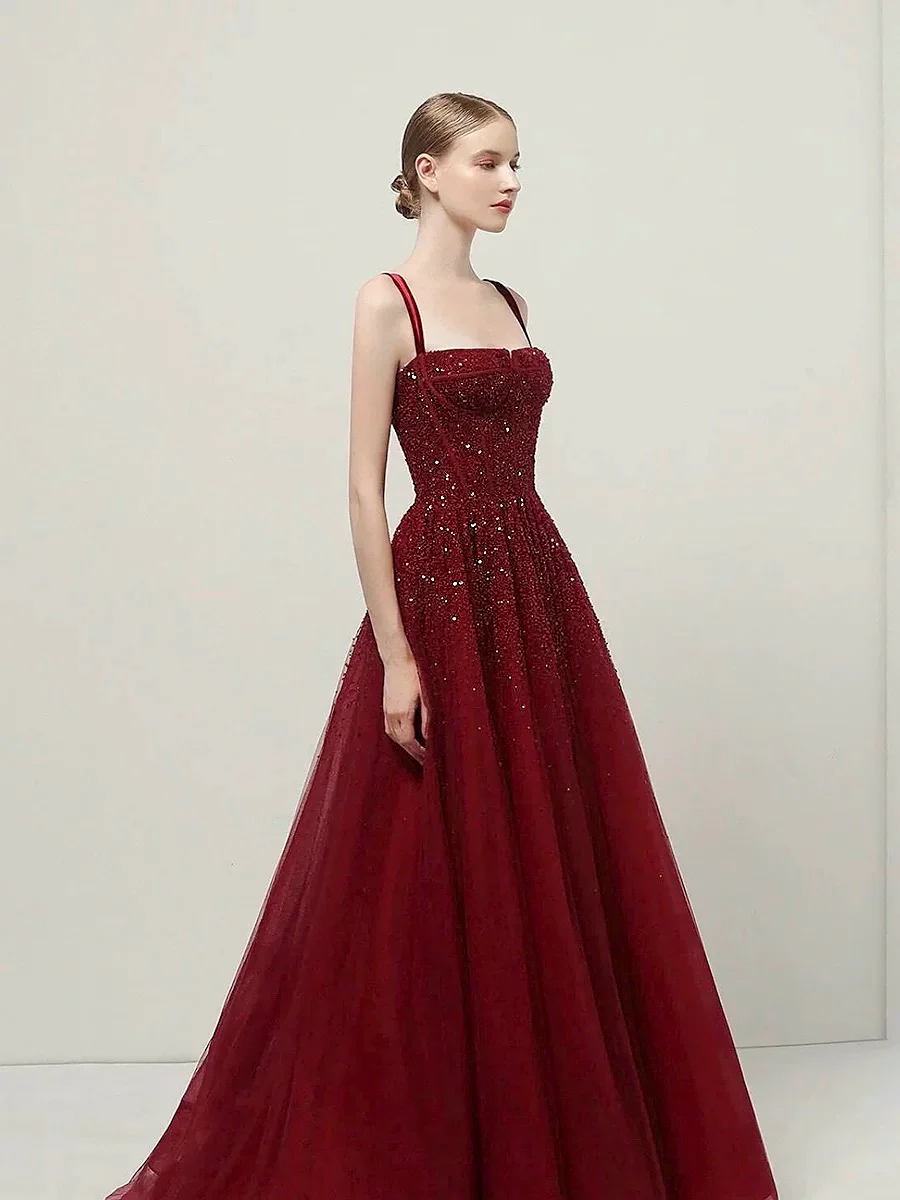 Classy Ball Gown Straps Burgundy Sequin Evening Dress Long Prom Dresses H2872 - Deanwangkt