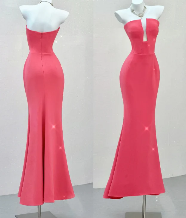 Classy Mermaid Strapless Pink Satin Evening Dress Long Prom Dresses P0022 - Deanwangkt