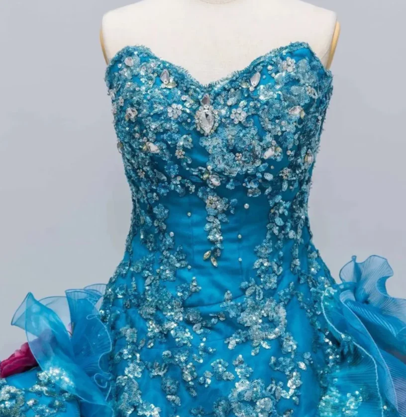 Fairy Sweetheart Ball Gown Tulle Long Prom Dresses Appliqué Blue Quinceanera Dresses Sweet 16 Dress DP3993 - Deanwangkt