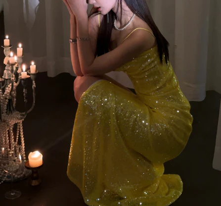 Elegant Sheath Spaghetti Strap Long Evening Gowns Yellow Sequins Special Formal Dresses Slit Prom Dresses DP2784 - Deanwangkt