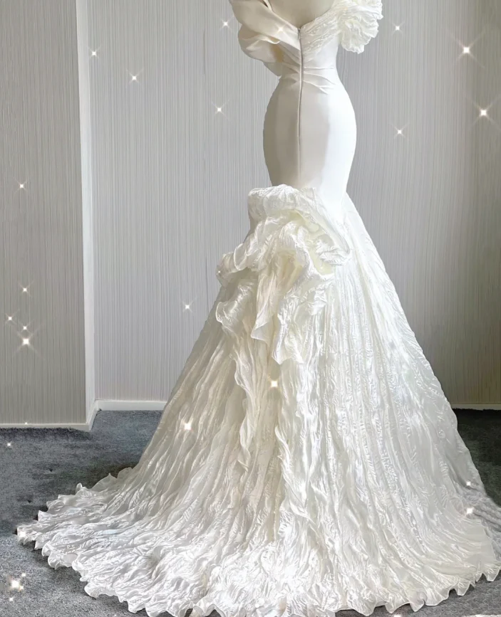 Timeless Mermaid Off The Shoulder White Short Sleeves Wedding Dresses Brides Dress DP439 - Deanwangkt