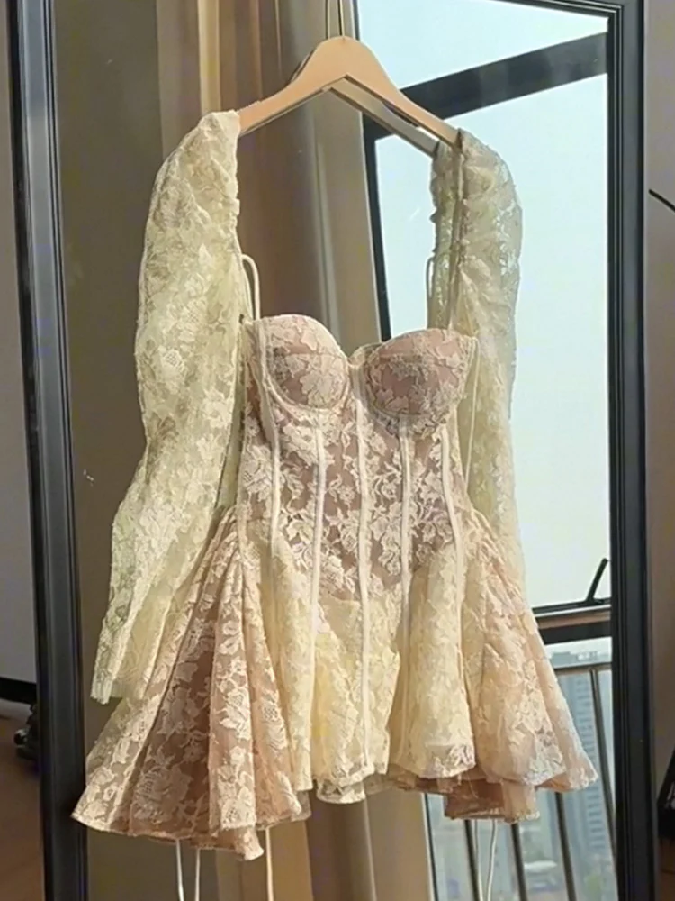 Simple A line Sweetheart Lace Short Long Sleeves Homecoming Dress Summer Hoco Dresses Cocktail Dress DP1777 - Deanwangkt