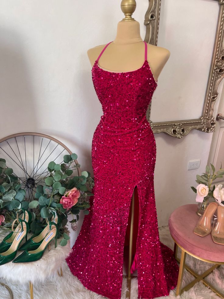 Vintage Mermaid Halter Pink Backless Sequins Long Evening Party Gowns Evening Formal Dresses Prom Dress W0548 - Deanwangkt