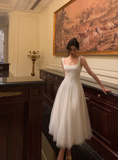 Elegant A line Square neckline Sleeveless White Tulle 21st Birthday Dress Party Gown Birthday Outfits Birthday Dress Ideas For Women DP551 - Deanwangkt