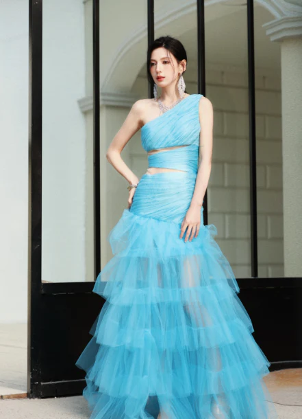 Modest Blue One Shoulder Formal Dress Tulle Mermaid Long Evening Gowns Prom Dresses DH2696 - Deanwangkt