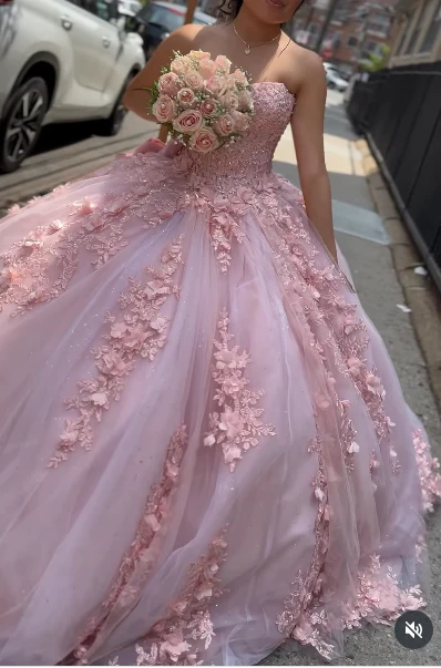 Modest Ball Gown Sweetheart Neck Blush Pink Tulle Applique Long Quinceanera Dress Formal Gowns Vestido De 15 Anos Sweet 16 Dress  DP2756 - Deanwangkt