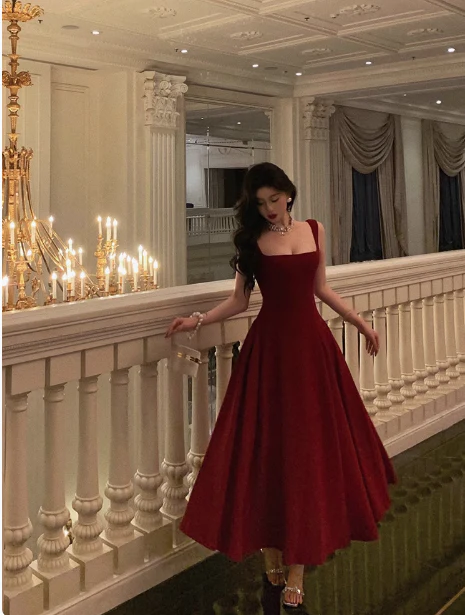 Vintage A Line Square Neckline Burgundy Satin Sleeveless 18th Birthday Dress Party Gown Birthday Outfits For Women DP0212 - Deanwangkt