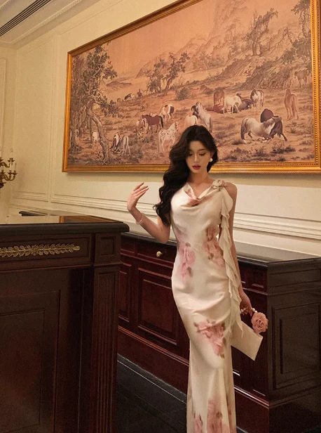 Sexy Sheath Swing Collar Floral Pink 18th Birthday Dress Holiday Party Birthday Outfits For Women DP0163 - Deanwangkt