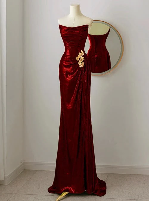 Classy Burgundy Sequins Strapless Pleats Prom Dress Bridesmaid Dresses Long formal Dress DP491 - Deanwangkt