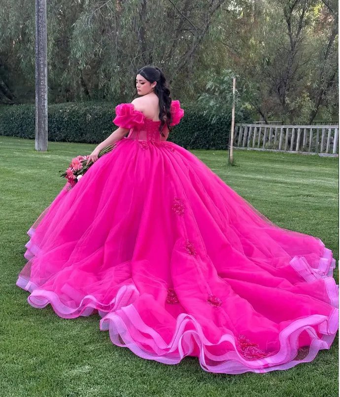 Cute Off-the-shoulder Ball Gown Tulle Long Prom Dresses Fuchsia Quinceanera Dresses estido De 15 Anos Sweet 16 Dress DP3261 - Deanwangkt