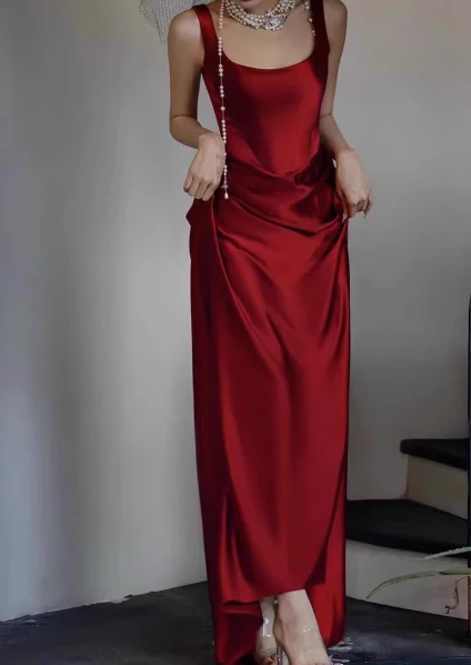 Modest Sheath Square Neck Long Evening Gown Burgundy Formal Dress Elegant Satin Prom Dress DP2800 - Deanwangkt