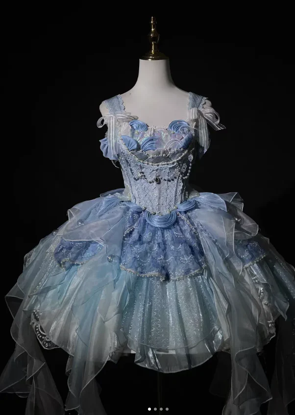 Sweet Strap Ball Gown Tulle Cute Birthday Dresses Blue Lolita Dresses DP3201 - Deanwangkt