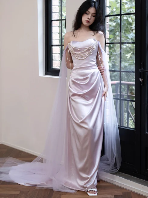 Elegant Off-the-shoulder Sheath Long Prom Dresses Satin Light Purple Evening Dresses DP3318 - Deanwangkt