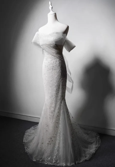 Elegant White Mermaid Evening Gowns Off-the-shoulder Tulle Long Prom Dress Modest Sleeveless Formal Dress DH2747 - Deanwangkt