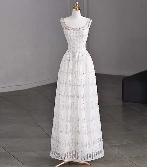 Modest A-Line Bateau Neck Bridal Dress White Tulle Long Wedding Dress Elegant Lace Beads Bridal Gowns DP2813 - Deanwangkt