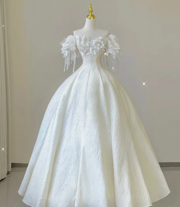 Elegant Ball Gown Off The Shoulder White Lace Short Sleeves Wedding Dresses Brides Dress P0015 - Deanwangkt