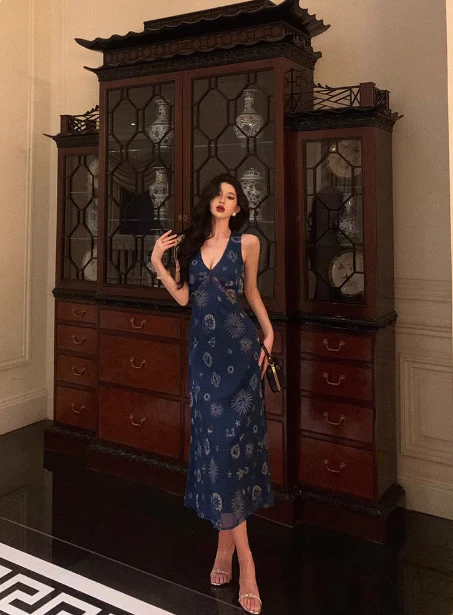 Vintage A line V Neckline Navy Blue Chiffon 18th Birthday Dress Party Gown Birthday Outfits For Women DP0196 - Deanwangkt