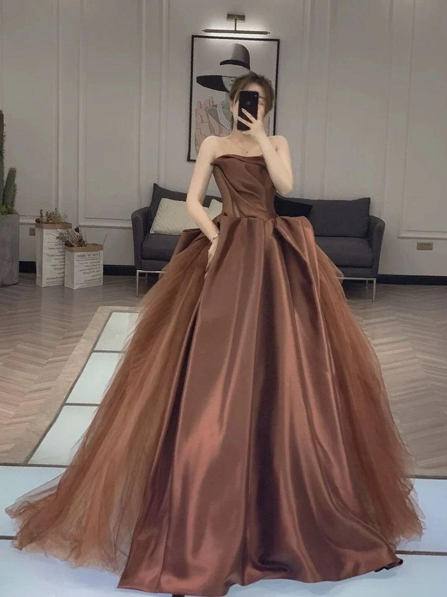 Classy Elegant Ball Gown Strapless Brown Tulle Sleeveless Long Prom Dresses H2904 - Deanwangkt