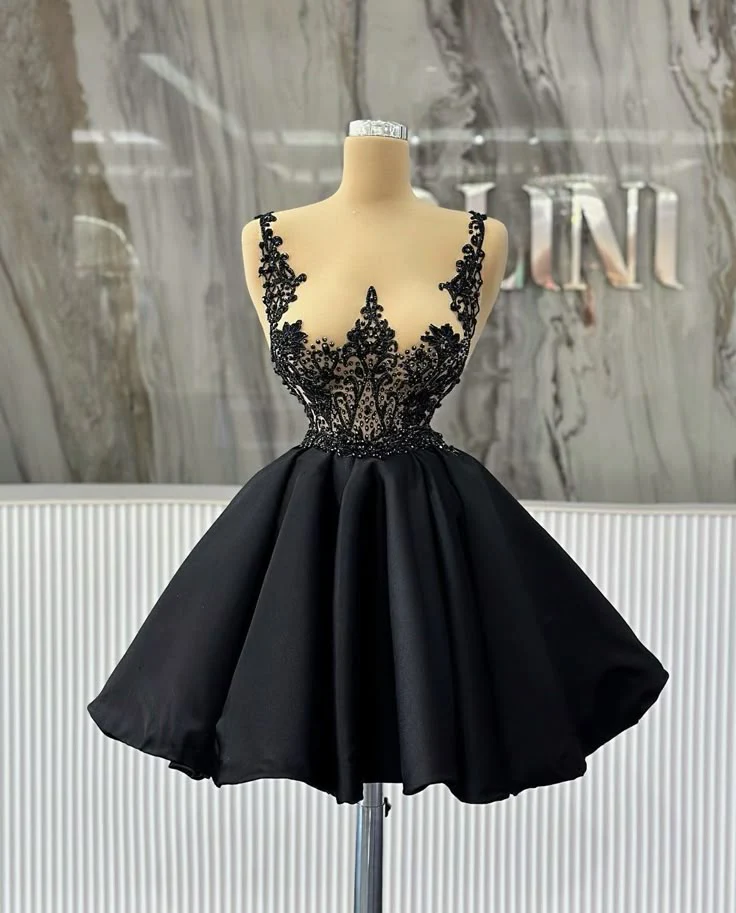 Pretty Ball Gown Black Satin Short Homecoming Dresses Summer Hoco Dresses Cocktail Dress Birthday Outfits W0571 - Deanwangkt