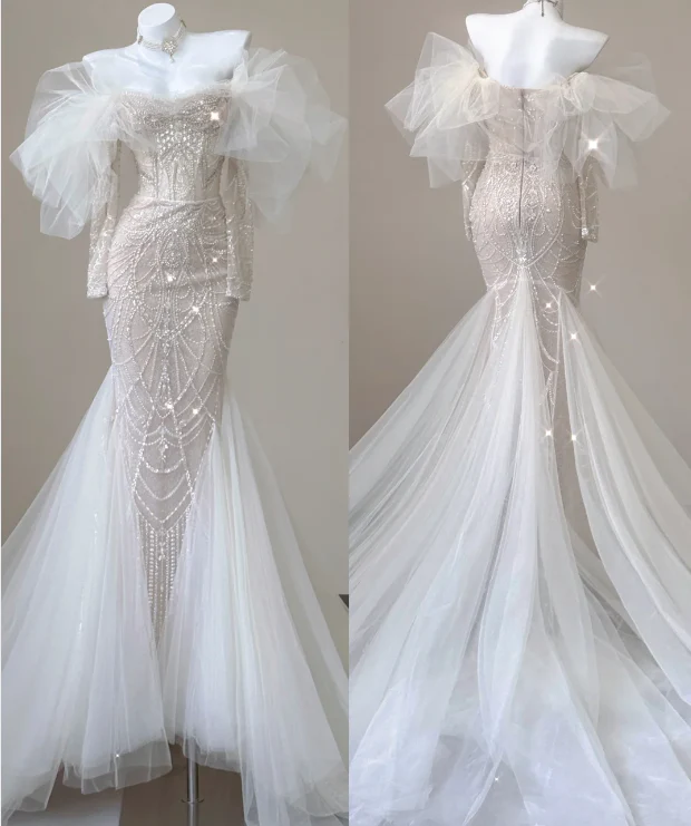 Elegant Mermaid Off The Shoulder Sequin Long Sleeves Wedding Dresses Brides Dress P0008 - Deanwangkt