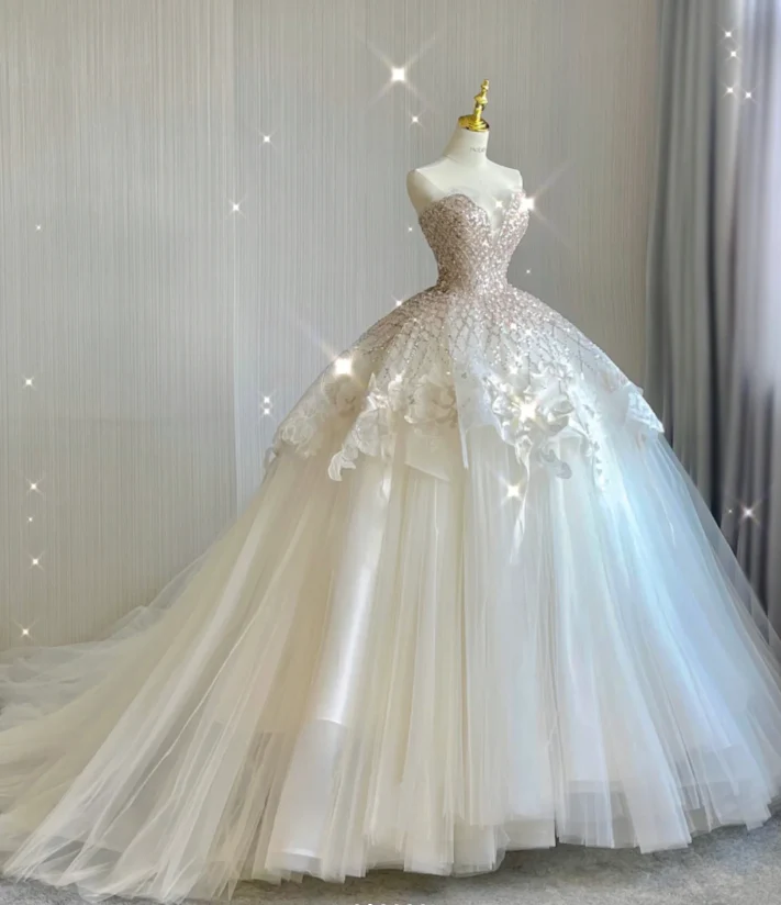 Unique Ball Gown Sweetheart Sequin Long White Wedding Dresses Brides Dress DP418 - Deanwangkt