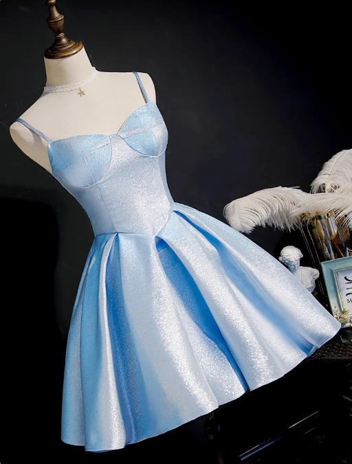 Simple A line Spaghetti Straps Blue Satin Formal 8th Grade Homecoming Dresses Middle School Short Birthday Gowns Graduation Dress Hoco Outfits DH1997 - Deanwangkt